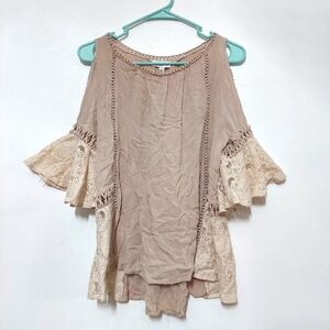 UMGEE Boho Beige Cold Shoulder Top with Lace Details Festival